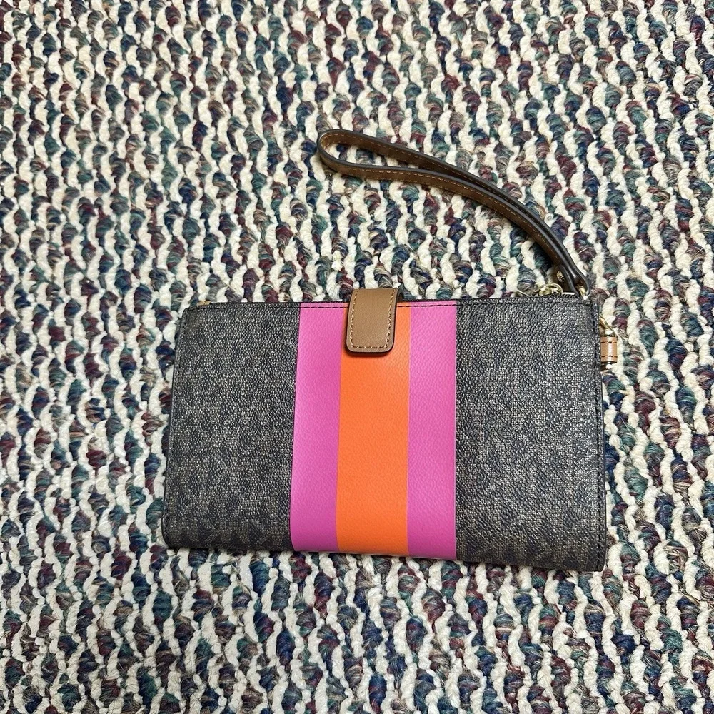 Michael Kors Jet Set Travel Double Zip Wristlet Wallet Brown Pink Orange Stripe - Picture 2 of 5